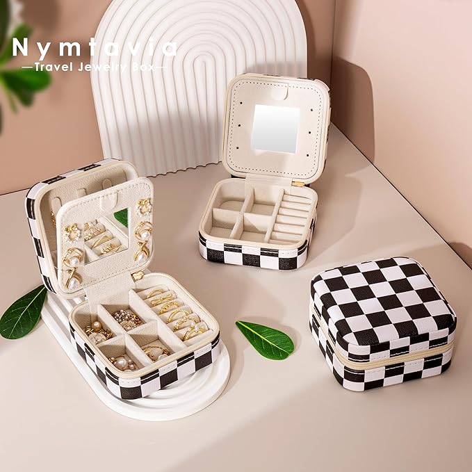 Checkered Travel Jewelry Case, Classic Retro Small Jewelry Box for Women Girl, Trendy Birthday Gradution Gift