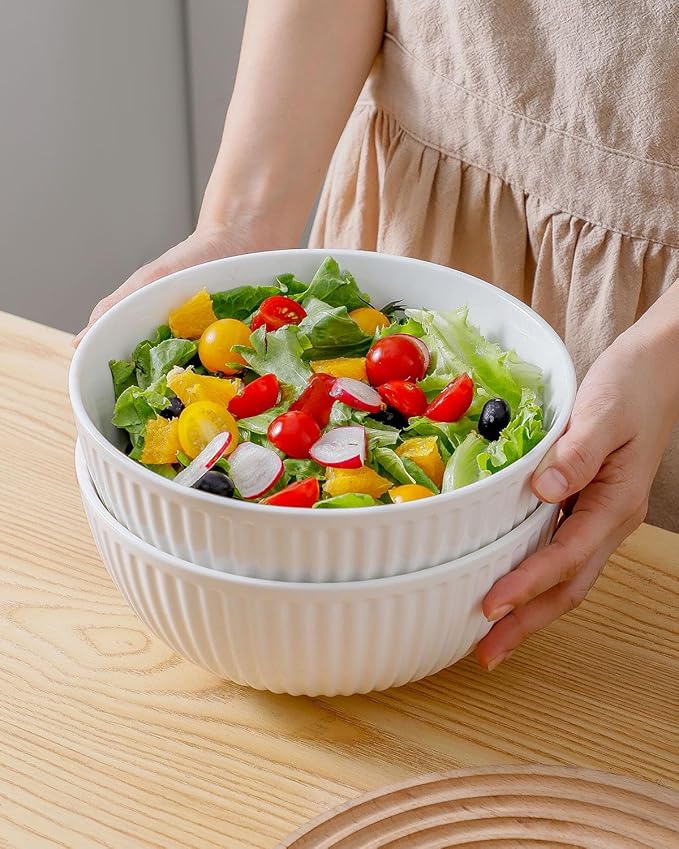 Hasense Large Salad Bowls of 2, Porcelain 60 Oz Serving Bowl 8 Inch for Kitchen Dining,Elegant Ribbed White Ceramic Dishes for Party,Soup,Pho,Pasta,Cereal,Fruit - Dishwasher & Microwave Safe