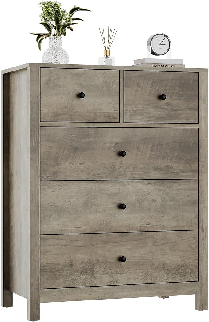 GarveeHome Grey 5 Drawer Dresser for Bedroom, Modern Tall Dresser Organizer with Storage Drawers, Wooden Chests of Drawers for Bedroom, Entryway, Hallway, Home Office