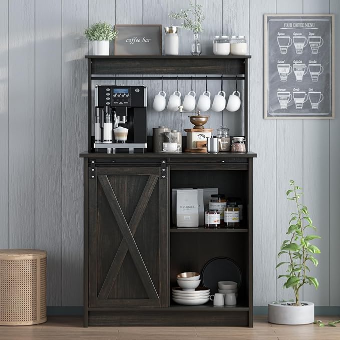 4ever2buy Farmhouse Coffee Bar Cabinet with Sliding Barn Door, 50'' Farmhouse Buffet Cabinet with 6 Hooks, Coffee Bar with Hutch for Living Dining Room, Dark Oak