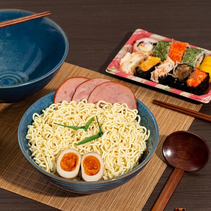 8 Inch Ceramic Ramen Bowl Set of 2, 40oz Japanese Bowls with Spoons & Chopsticks,Durable,Microwave & Dishwasher Safe,Perfect for Ramen,Pho,Salad,Soup,Noodles,Mixing bowls(Azure)