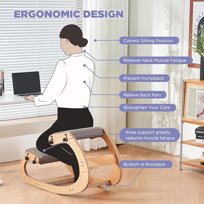 Ergonomic Kneeling Chair,Adjustable Rocking Knee Chair for Home Office,Wooden Office Chair for Back Pain Relief,Grey