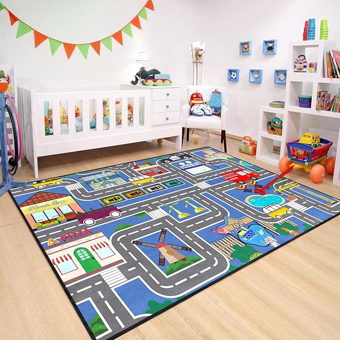 Car Rugs for Kids - Car Track Carpet for Boys Road Rug for Bedroom Road Map Carpet for Kids Toy Play Mat Farm, 3x5 Feet