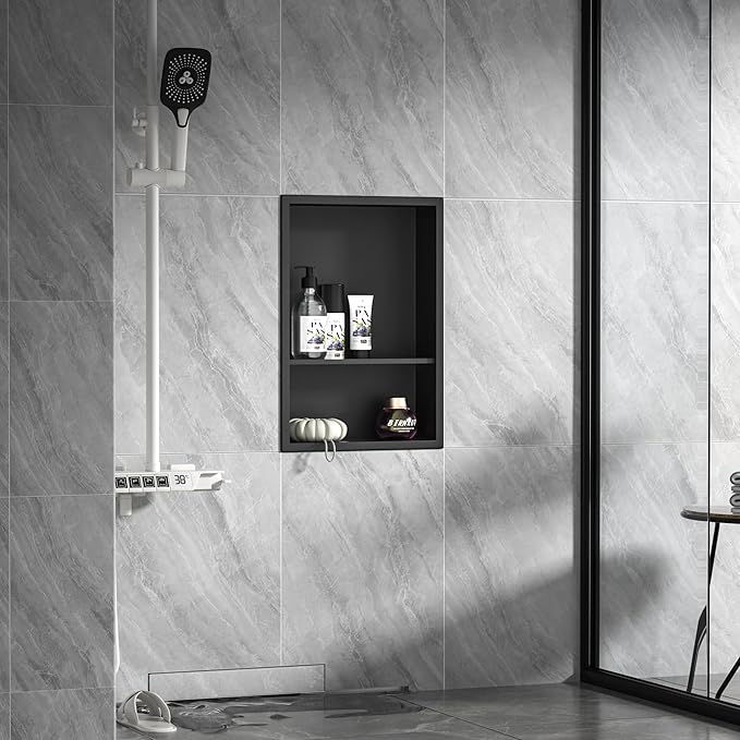 Stainless Steel Shower Niche 18" X 12" Matte Black No Tile Needed Vertical Niche Shower with Two- Tier Shelves Recessed Wall Niches for Bathroom Storage Over Mount Installation
