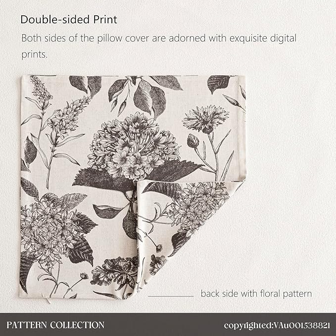 Foindtower Set of 2 Linen Floral Vintage Throw Pillow Covers Neutral Accent Print Decorative Cushion Covers Farmhouse Boho Home Decor for Sofa Chair Couch Bedroom Living Room Outdoor,22×22 Inch,Black