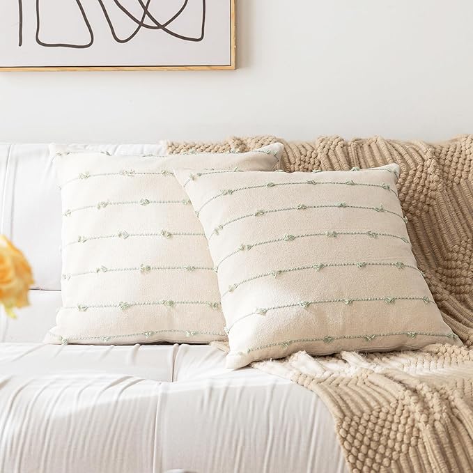Boho Throw Pillow Covers 26x26 Set of 2 Modern Farmhouse Decorative Cushion Case Tufted Square Pillows Cover Neutral Pillow Cases Accent Pillowcase for Sofa,Couch,Bed,Beige and Green