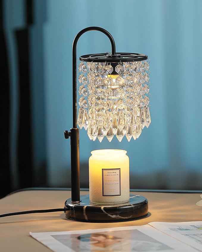 Lamp Candle Warmer with Marble Base for Adjustable Height, Dimmer and 3 Bulbs, Crystal Candle Warmer Lamp with Timer for Jar Candles, House Warming Decor Gifts, Black