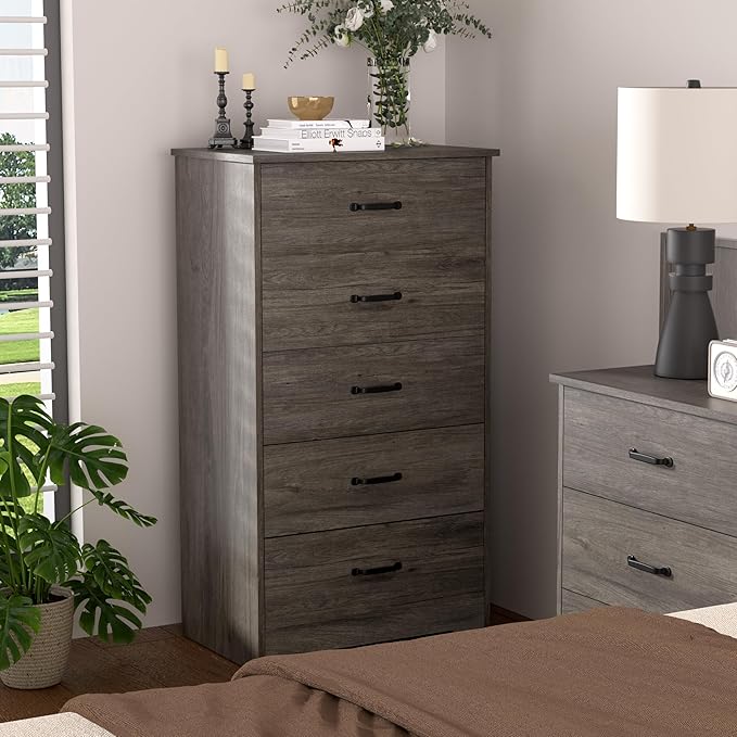 Farmhouse 5 Drawer Dresser, Small Wooden Chest of Drawers Classic White Dresser for Bedroom Living Room Entryway (Dark Gray, 5 Drawer)