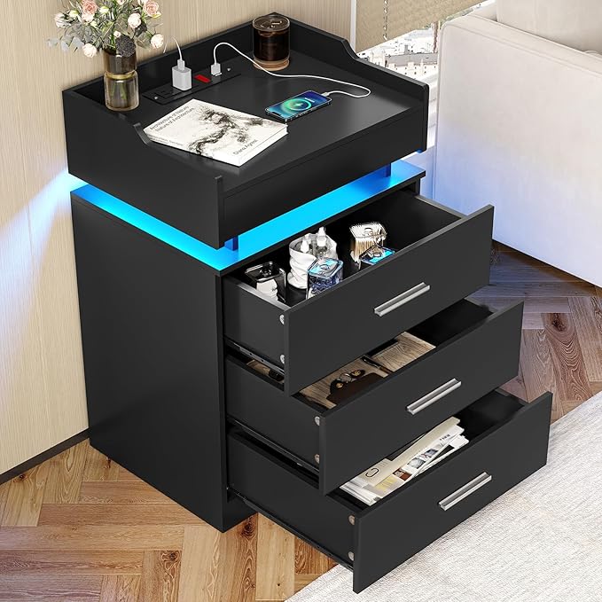 LED Nightstand Set of 2, Large Night Stand with Charging Station, Bedside Table with Pull-Out Shelf and 3 Drawers, Modern End Table Side Table with Storage, Black