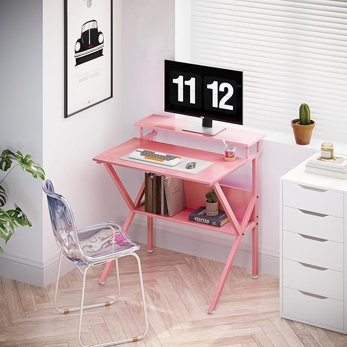 ODK Small Desk, 27.5 Inch Computer Desk for Small Spaces, Compact Desk with Storage, Study Table with Monitor Stand for Home Office, Pink
