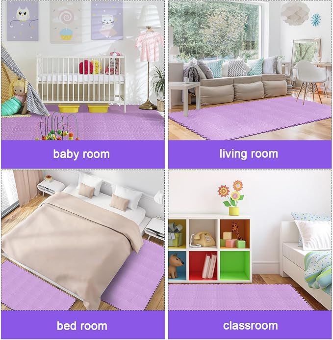 Shihanee 16 Pcs Foam Floor Baby Tiles 11.81 x 11.81 inches Foam Floor Mats Play Mats Bulk with Borders Interlocking for Kids Baby Playroom Nursery Gym(Purple)