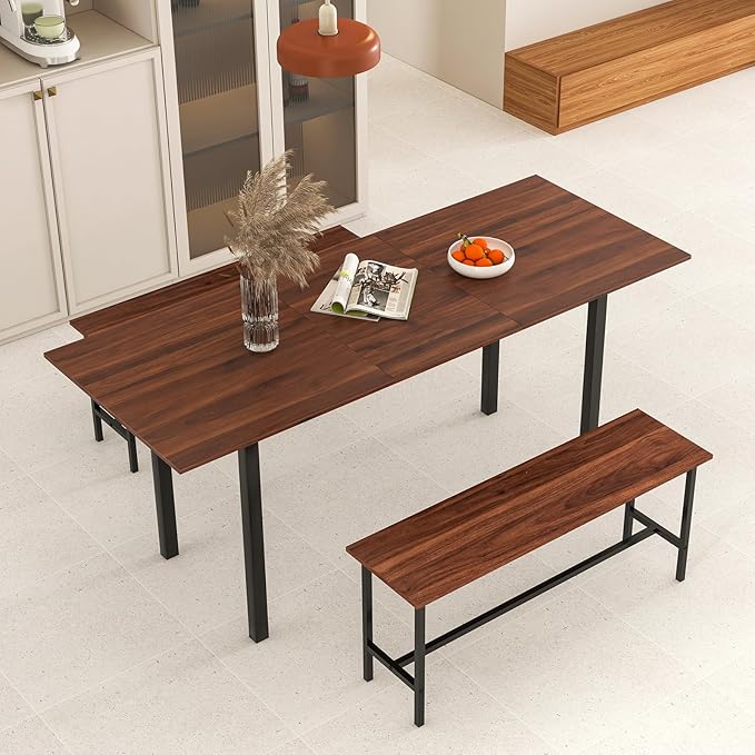 Giantex 3-Piece Dining Table Set for 4-8, 63” Extendable Dining Table with 2 Benches, Metal Frame, Dinette Table Set for Dinner, Breakfast Nook, Kitchen, Living Room, Restaurant, Walnut
