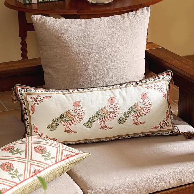 Throw Pillow Covers Pack of 4,Brown Cozy Velvet Farmhouse with Birds and Floral Pattern Pillowcases,Decoration Square Round Lumbar Pillows Cushion Covers for Couch Sofa Bed Car Chair