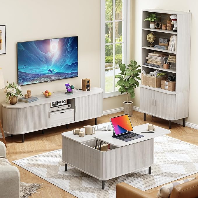 71" Tall Bookshelf, 4-Tier Bookcase with Storage Cabinet & Adjustable Shelves, Freestanding Wood Bookshelf with Sliding Door and Adjustable Footpad, for Home Office, Living Room, Natural White