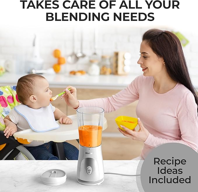 Mueller Smoothie Blender for Smoothies - Personal Blender for Shakes, Frozen Drinks, Baby Food & More, 15oz Travel Cup and Lid, Durable Stainless Steel Blades for Powerful Blending Performance, White