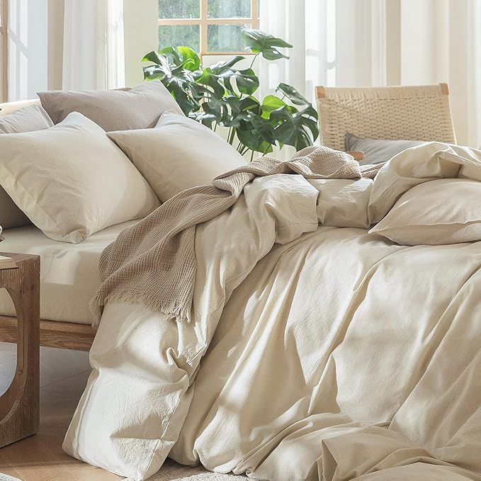 MooMee Bedding Duvet Cover Set 100% Washed Cotton Linen Like Textured Breathable Durable Soft Comfy (Heathered Almond Milk Grey, Alaska King 132"x120")