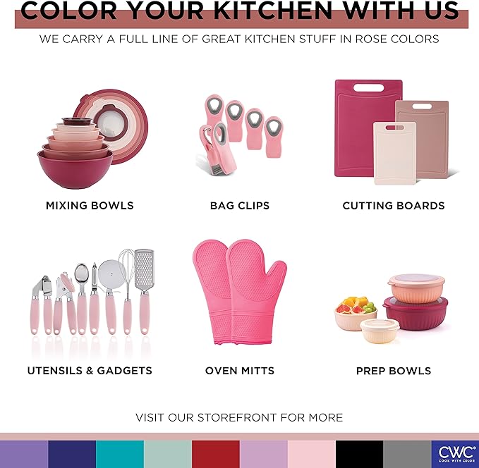 COOK WITH COLOR Mixing Bowls with Lids - 12 Piece Plastic Nesting Bowls Set includes 6 Prep Bowls and 6 Lids, Non Slip Bottom and Embossed Design - Microwave Safe (Rose)