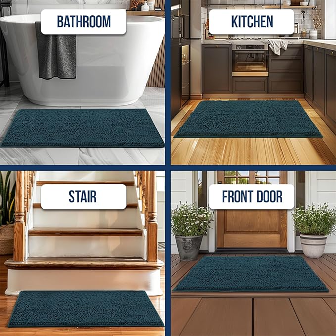 Muddy Mat Chenille Bathroom Rugs Quick Dry Microfiber Mats Non Slip Washable, Extra Thick, Soft and Highly Absorbent Bath Mats for Bathroom, Kitchen, and Shower Floor - Atlantic Blue Small 28"X18"