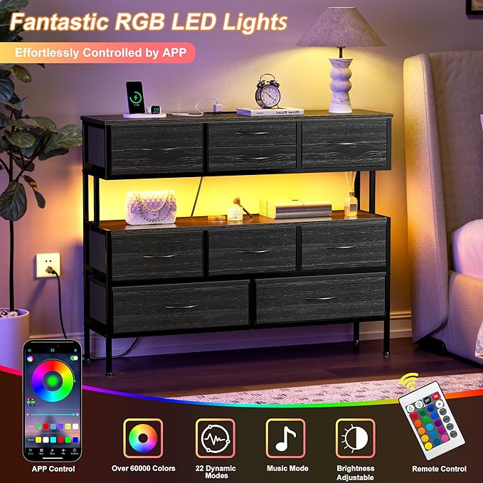 REAHOME Dresser TV Stand with Charging Station and LED Lights, 55” TV Stand Entertainment Center with 9 Drawers, Steel Frame, Large Storage Chest of Drawers for Bedroom, Living Room, Charcoal Black