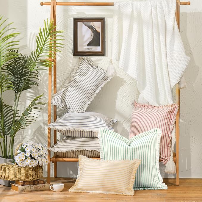 ZWJD Throw Pillow Covers 26x26 Set of 2 Green Striped Pillow Covers with Fringe Chic Cotton Decorative Pillows Square Cushion Covers for Sofa Couch Bed Living Room Farmhouse Spring Decor