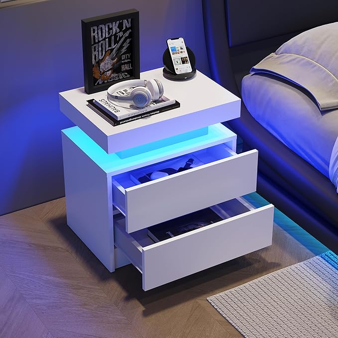 LED Nightstands Set of 2 Modern Bedside Table for Bedroom Night Stand Set 2 with 2 Drawers Side Table with LED Lights for Bedroom,Living Room