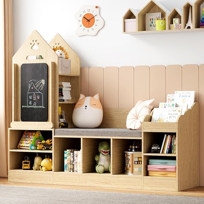 Xilingol Kids Reading Nook with Storage Bench and Chalkboard, Wooden Kids Bookshelf and Toy Storage, Toy Organizer for Boys & Girls, Toddler Reading Nook for Bedroom, Nursery, Playroom, Natural Oak