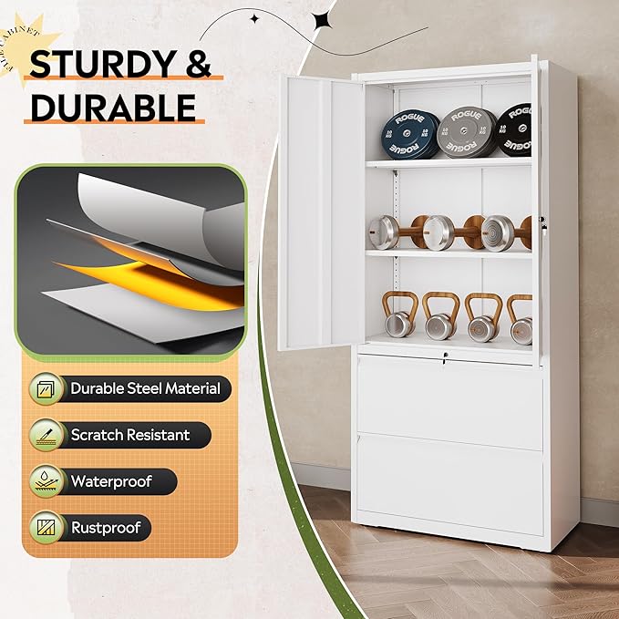 DEVAISE Metal Storage Cabinets for Home Office, 2 Drawers Lateral File Cabinets and Doors, 71" Filing Cabinet with Lock and Adjustable Shelves, White