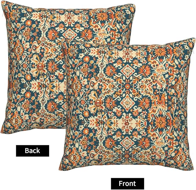 Navy Blue Orange Carpet Pattern Pillow Covers 20x20 Inch Set of 2, Boho Ethnic Style Fall Outdoor Decorative Throw Pillows Vintage Cushion Covers for Sofa Bed Couch Living Room Decor