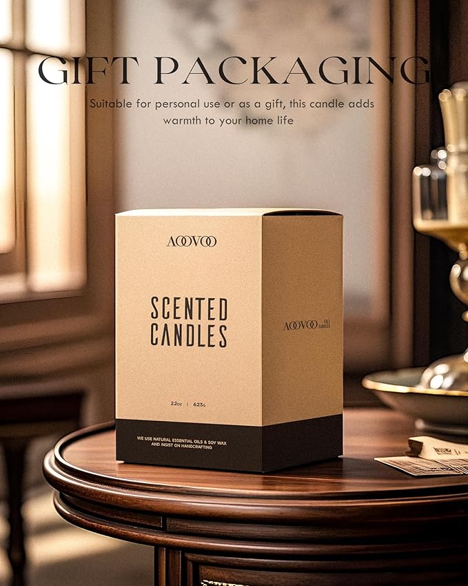 AOOVOO Scented Candles for Men - Large 22oz 120 Hours of Burn Time, Whiskey Caramel Candles for Home Scented | Crackling Wood Wick Soy Candle | Strong Fragranced Black Candle Gift for Women & Men