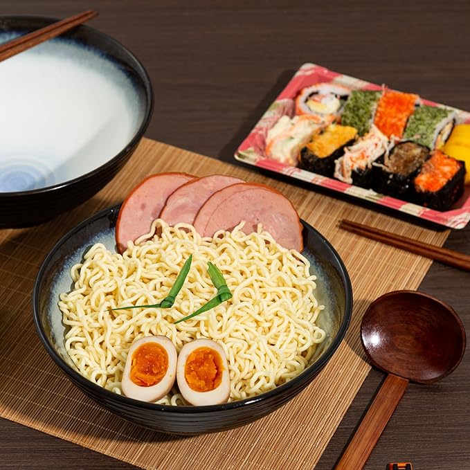 8 Inch Ceramic Ramen Bowl Set of 2, 40oz Japanese Bowls with Spoons & Chopsticks,Durable,Microwave & Dishwasher Safe,Perfect for Ramen,Pho,Salad,Soup,Noodles,Mixing bowls(Midnight)