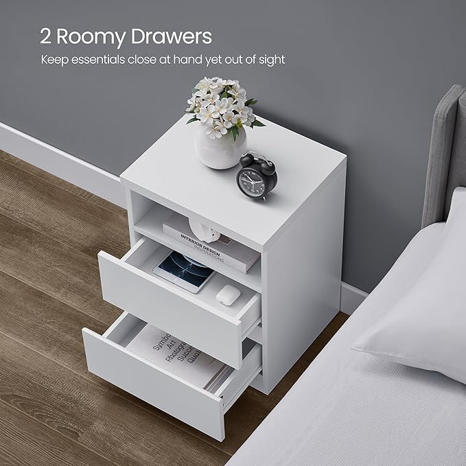 VASAGLE Nightstand with Adjustable LED Light, Bedside Table with Drawers, Side Table, for Bedroom, Modern Minimalist Style, White ULET634T14