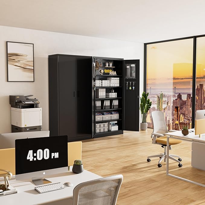 Greenvelly Metal Garage Storage Cabinet with Pegboard, 72" Locking Storage Cabinet with Doors and 4 Adjustable Shelves for Home Office,Garage,Kitchen,School,File (Black)