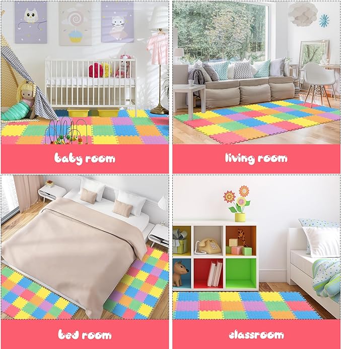 Shihanee 16 Pcs Foam Floor Baby Tiles 11.81 x 11.81 inches Foam Floor Mats Play Mats Bulk with Borders Interlocking for Kids Baby Playroom Nursery Gym(Colorful)
