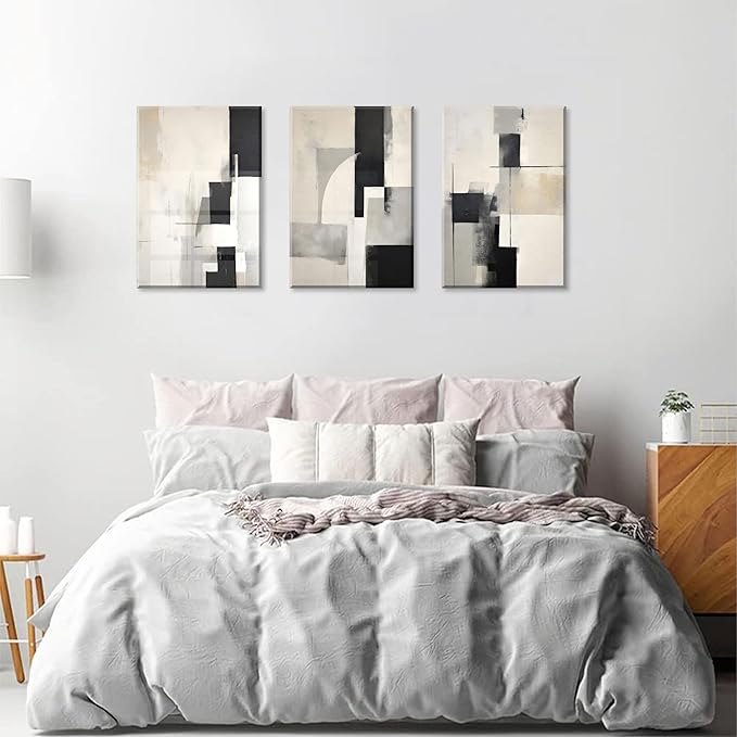 3Pcs Framed Neutral Abstract Canvas Wall Art Floral Pictures Modern Minimalist Posters Prints Beige Black Flower Wall Decoration for Living Room Bedroom Bathroom Office 12x16in