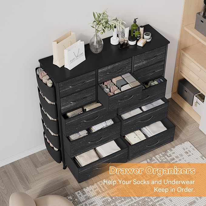 Dresser for Bedroom with 12 Drawers, Tall Dresser Chest of Drawers with 5 Side Pockets and Hooks, Wooden Top Fabric Dresser Storage Tower for Closet, Hallway, Living Room, Black