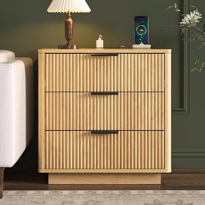HOMMPA 24'' Fluted Nightstand with Charging Station Set of 2, Modern Bedside Table with Storage, 3 Drawer End Table, Wooden Bedside End Table for Bedroom, Living Room, Curved Profile Design