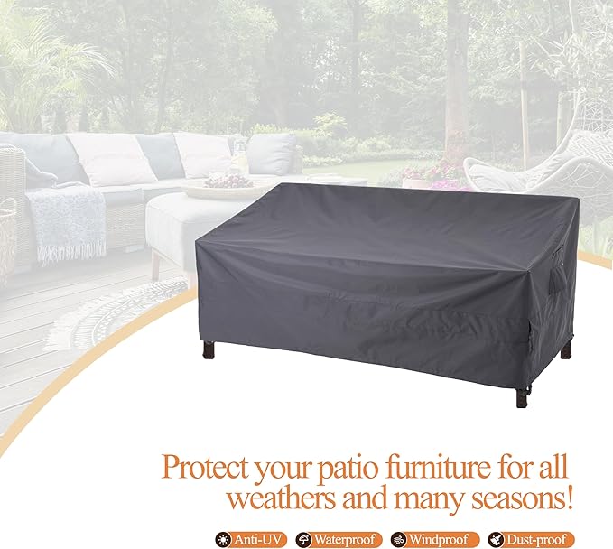 WJ-X3 Waterproof Patio Sofa Cover for 3-Seater Couch, Heavy Duty & UV Resistant, Windproof, 87" W x 42" D x 35" H, Grey