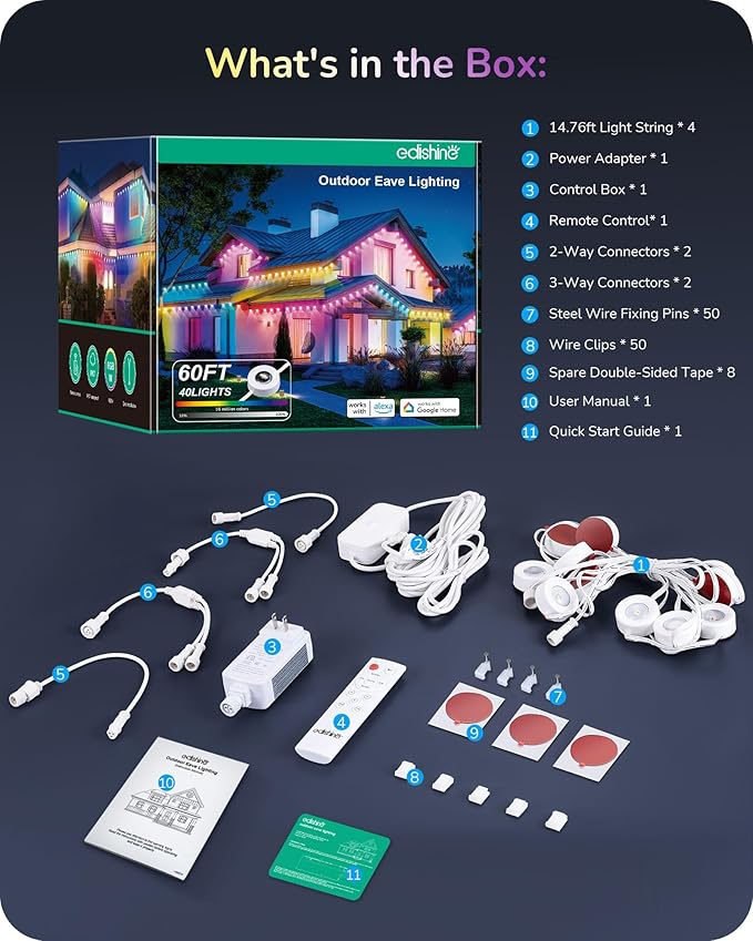EDISHINE 60ft Permanent Outdoor Eave Lights for House, 40 Individually Controlled LED Christmas Light, IP67 Smart RGB+IC+Warm/Cool White Holiday Light, 50 Scene Modes, Work with Alexa Google Assistant