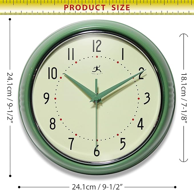 Infinity Instruments LTD. Retro 9 inch Silent Sweep Non-Ticking Mid Century Modern Kitchen Diner Wall Clock Quartz Movement Retro Wall Clock Decorative (Green)β¦