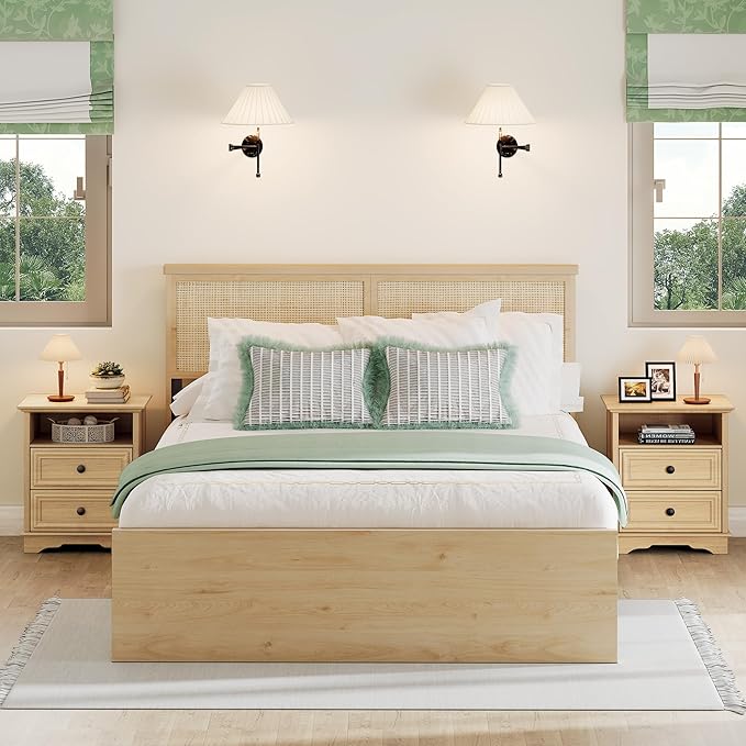 XIAO WEI Nightstand with Hidden Drawer, 2-Drawer Nightstand with Open Shelf – Sturdy Wood Bedroom End Table for Storage, Modern Furniture for Bedroom Organization, Natural Wood