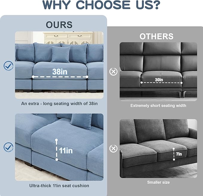 KEIKI 146" U-Shaped Oversized Corduroy Modular Cloud Sectional Sofa with 1 Ottoman, High-Density Foam Cushion, Extra-Thick Armrest, 5-Seater Fluffy Corner Couch with 18 Pillow, for Living Room, Blue