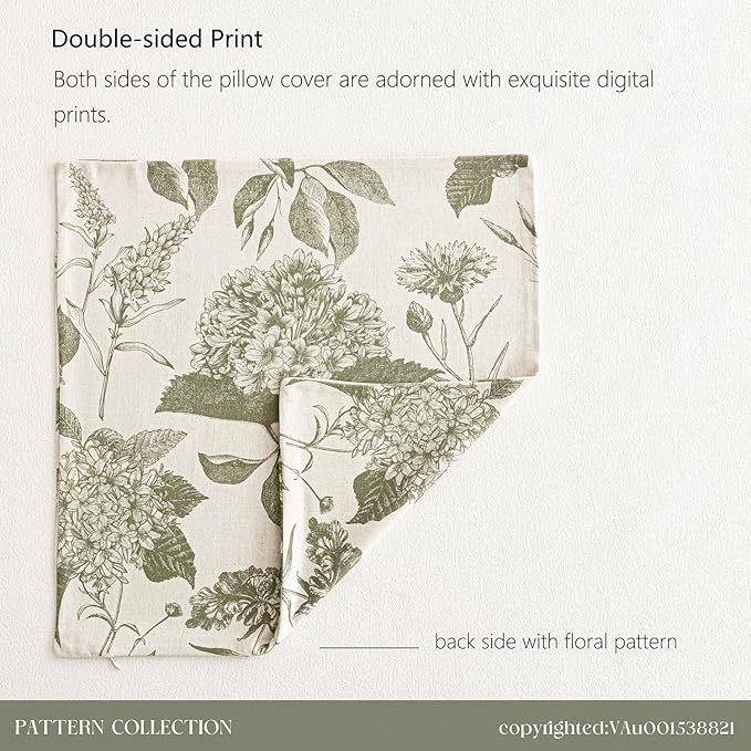 Foindtower Set of 2 Linen Floral Throw Pillow Covers Neutral Vintage Print Decorative Cushion Covers Farmhouse Boho Home Decor for Sofa Chair Couch Bedroom Living Room Outdoor,22×22 Inch,Sage Green