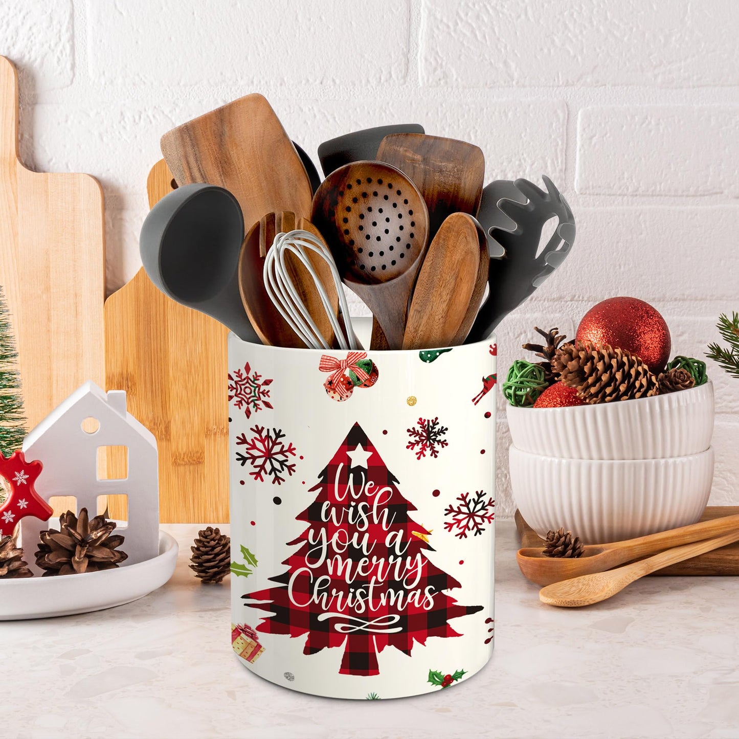 Hexagram Christmas Kitchen Decor Ceramic Utensil Holder, Cute Red Christmas Tree Utensils Holder, Xmas Ceramic Utensils Crock for Rustic Farmhouse Indoor Kitchen Decorations(6.3 Inches)