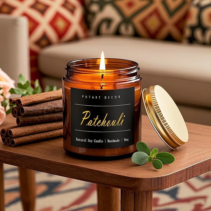Patchouli Scented Candles for Home, 9oz Natural Soy Wax Aromatherapy Organic Santal Candle for Stress Relief, Long Burning & Lasting Jar Candle Gifts for Birthday, Housewarmings, Thanksgiving
