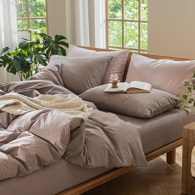 MooMee Bedding Duvet Cover Set 100% Washed Cotton Linen Like Textured Breathable Durable Soft Comfy (Heathered Mauve Brown, Full 80"x90")