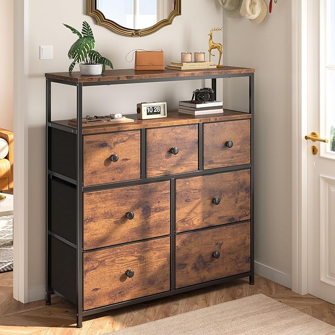 EnHomee Tv Stand for Bedroom with 7 Fabric Dressers and 2 Shelves,Dressers & Chests of Drawers for Closet,Hallway,Entryway,Dormitory,Clothes Storage,Rustic Brown
