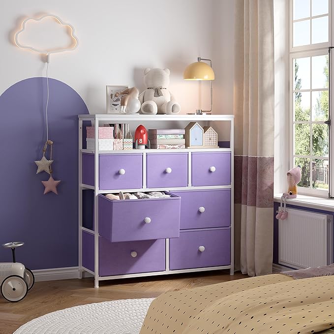 EnHomee Tv Stand for Bedroom with 7 Fabric Dressers and 2 Shelves,Dressers & Chests of Drawers for Closet,Hallway,Entryway,Dormitory,Purple Storage Drawers