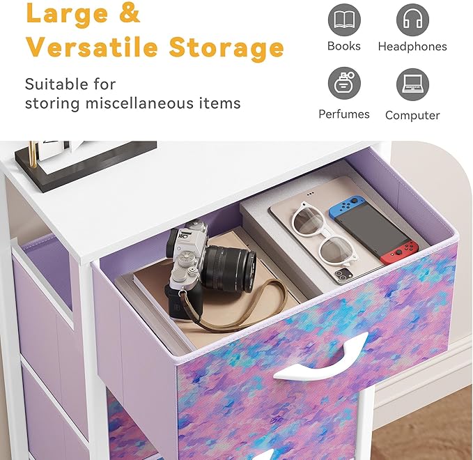 DWVO Dresser with 4 Drawers - Storage Tower Unit, Dresser for Bedroom, Living Room, Closets - Sturdy Steel Frame, Wooden Top & Easy Pull Fabric Bins, Purple