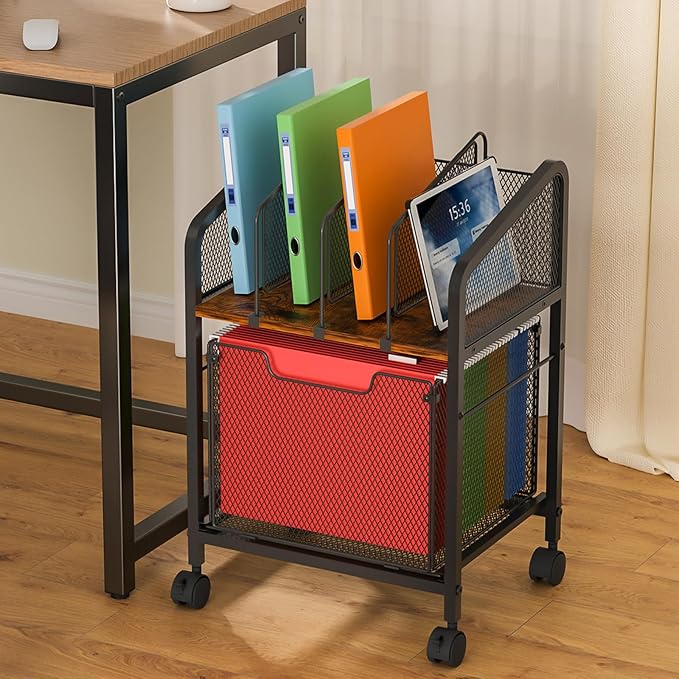 Rolling File Cabinet with Adjustable Dividers, Mobile Filing Cabinet with Storage Drawer on Lockable Wheels, Hanging File Organizer Beside Under Desk for Office, Home(Patent Pending)
