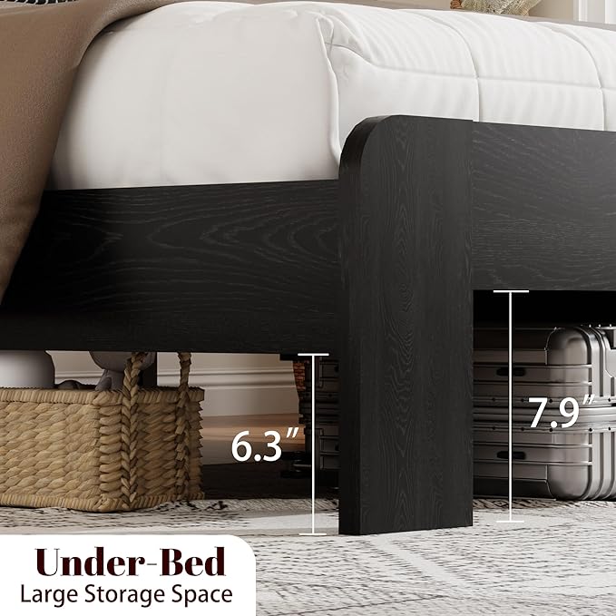 Wooden Queen Size Bed Frame with Storage Headboard, Farmhouse Platform Bedframe with Charging Station & Led Lights, Sturdy Wood Slat Framework, Easy Assembly (Rustic Black)